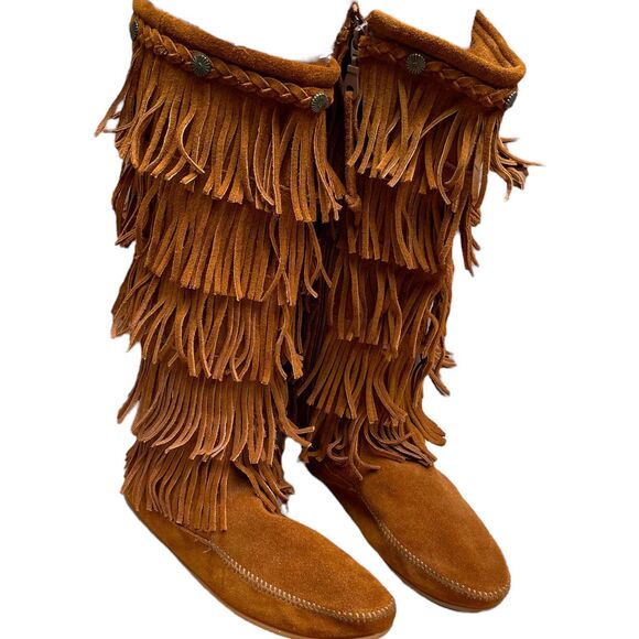 Minnetonka Women’s 5-Layer Fringe Suede Leather Tall Boots Brown Boho Size 11 - Picture 4 of 12